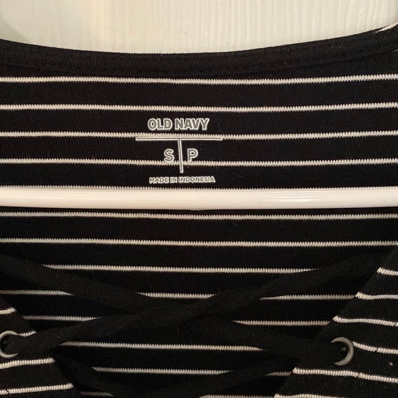 Old Navy black and white stripe top with cross lace front - Picture 2 of 5